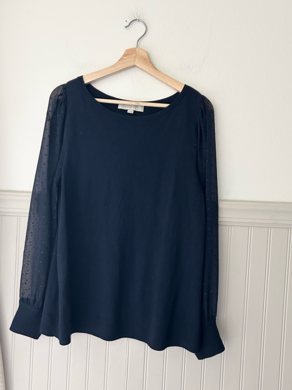 LOFT Large Navy Blue Sweater with Sheer Dot Sleeves Wool Blend